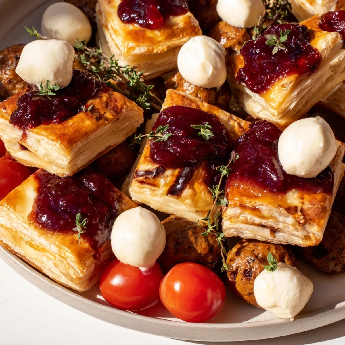 Festive appetizers: Joy to the World Trio, featuring cranberry brie bites, caprese skewers, and spiced meatballs.