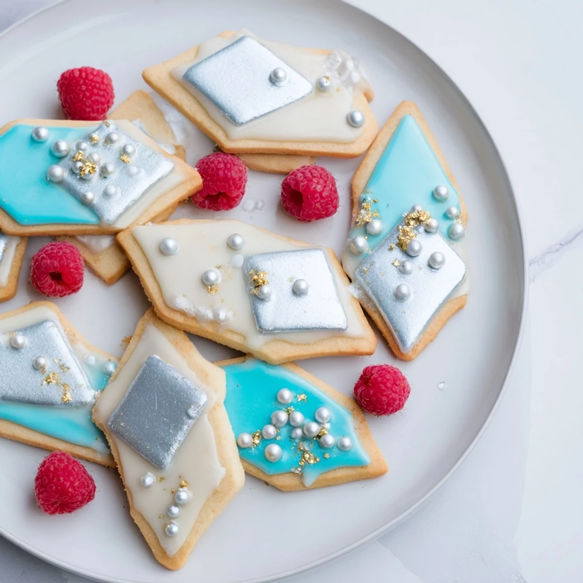 Close-up of Engagement Ring Diamond Dessert Tray, featuring shimmering diamond cookies and fresh berries.