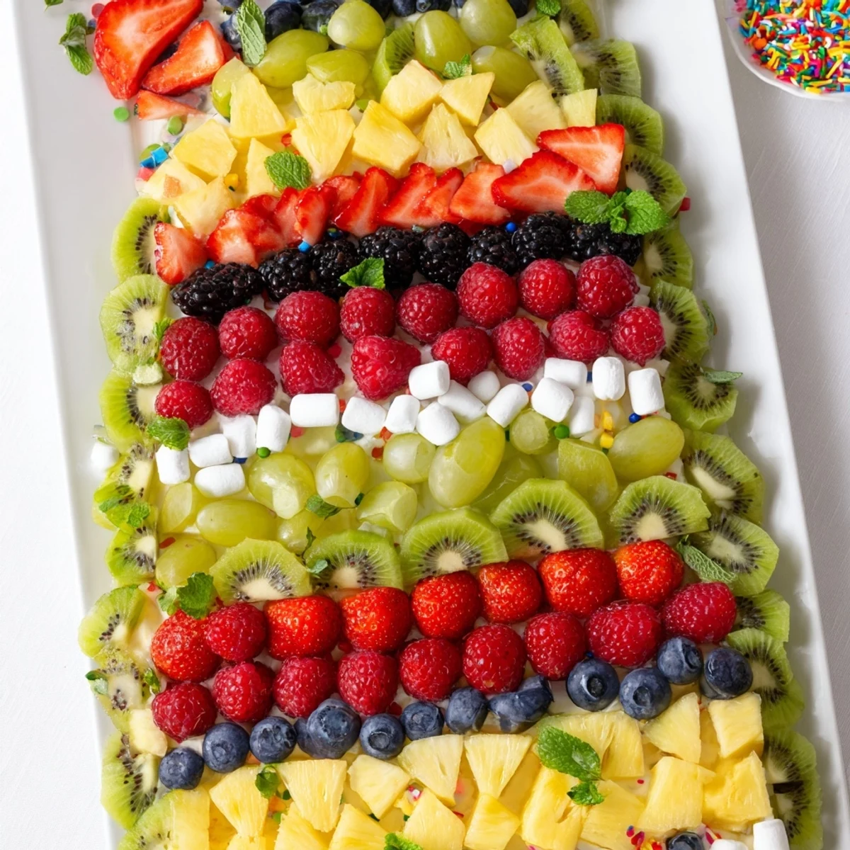 Festive Happy Birthday Cake Slice Fruit Board with colorful strawberries, blueberries, and pineapple creating a delicious appetizer.