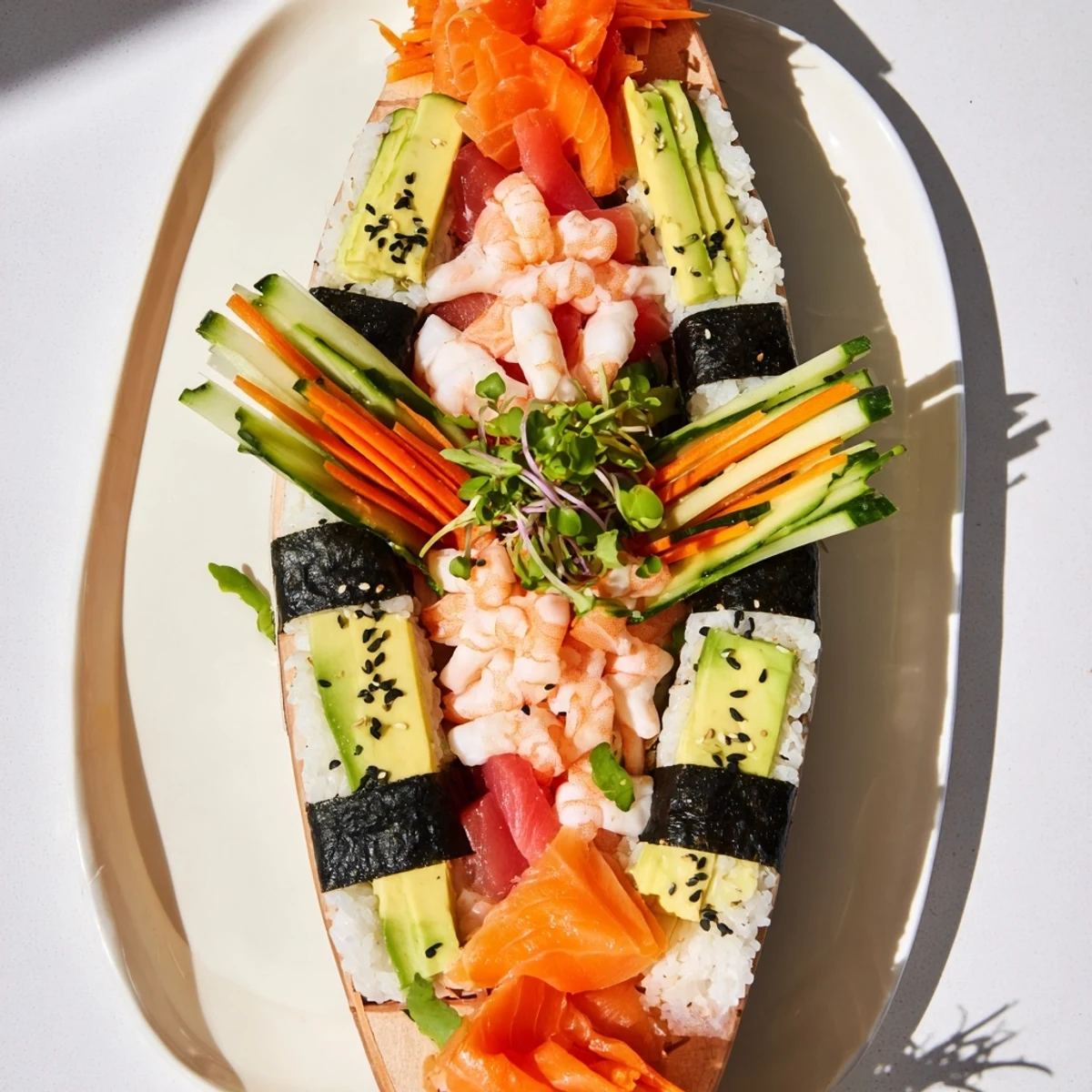 Sail Away Boat-Shaped Sushi Platter with colorful sushi rolls, nigiri, and fresh sashimi elegantly presented.