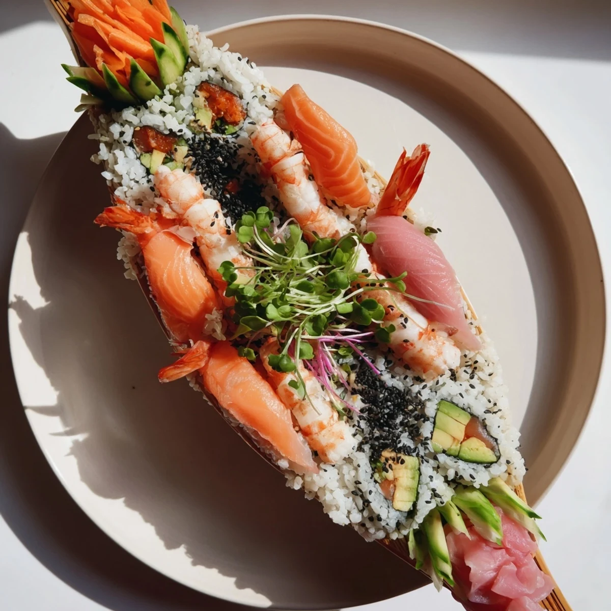 A gorgeous Sail Away Boat-Shaped Sushi Platter details fresh tuna and salmon artfully displayed for your dinner.