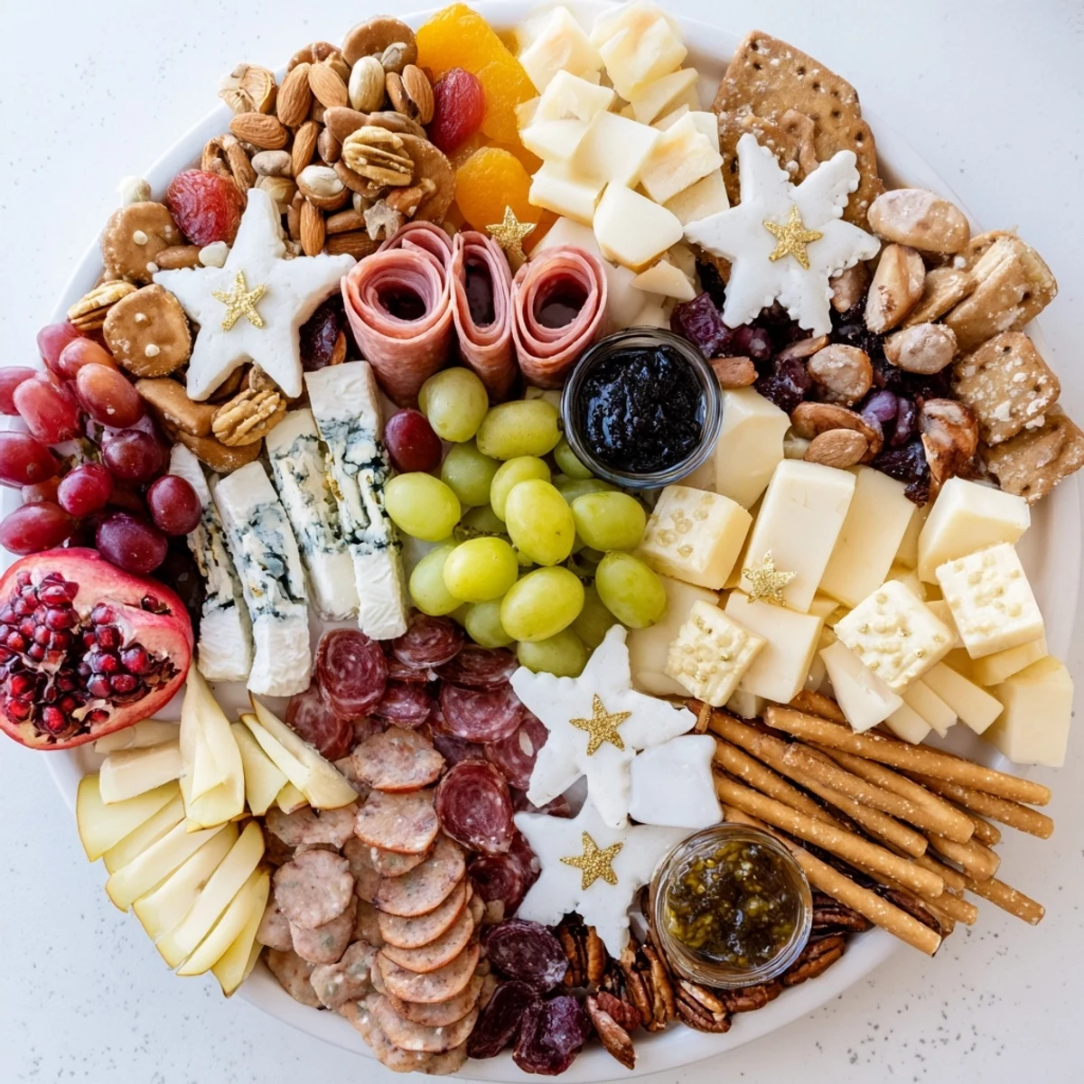 A Shining Bright Christmas 2025 Board: a colorful arrangement of cheeses, meats, crackers, and fruits for the holidays.