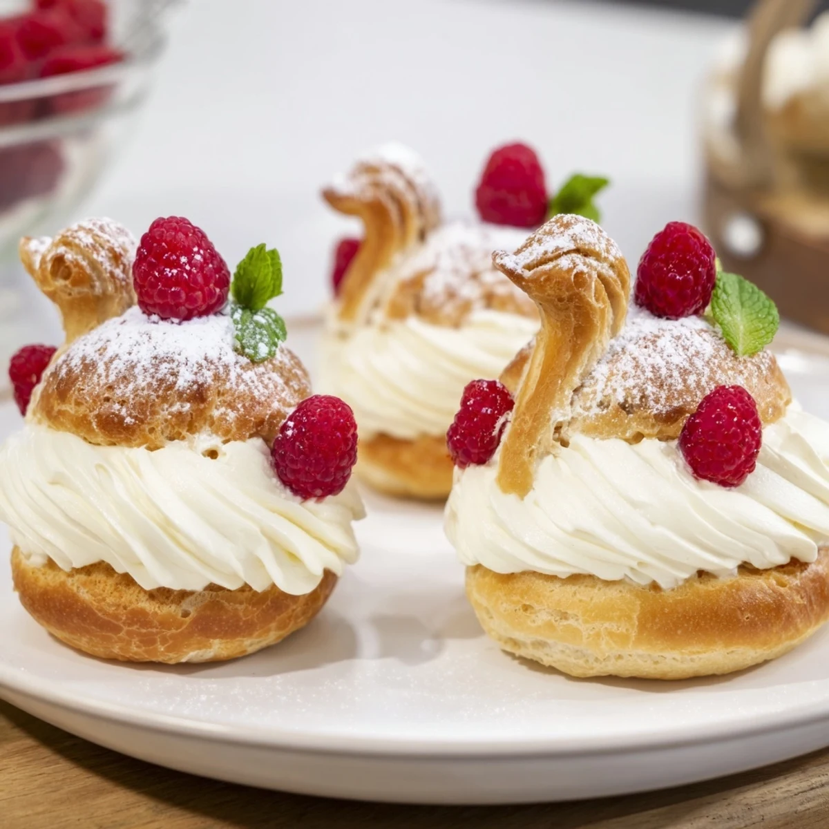 Delicate Plateau Cygne Pâtisseries Aériennes on a platter, ready for a fancy dessert serving.