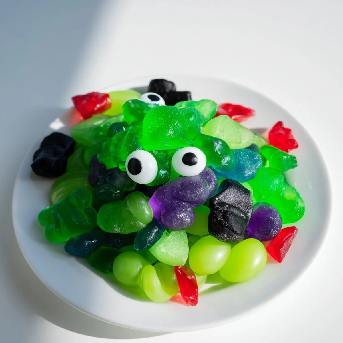 This Poison Apple Candy platter bursts with colorful candies, perfect for a Halloween dessert spread.
