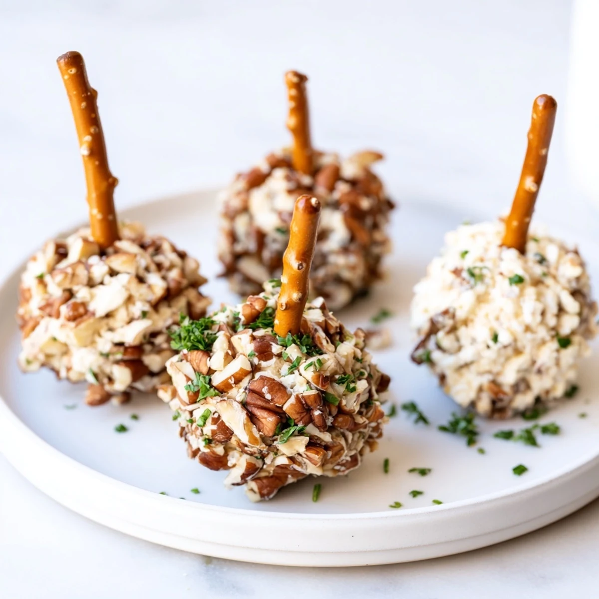 Savory acorn-shaped cheese ball bites, coated in pecans and herbs offer a delightful appetizer.