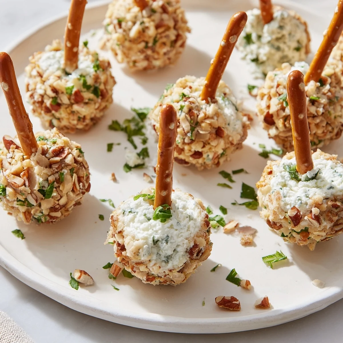 These fall savory acorn cheese ball bites, a festive appetizer adorned with pretzel "stems," look delicious!