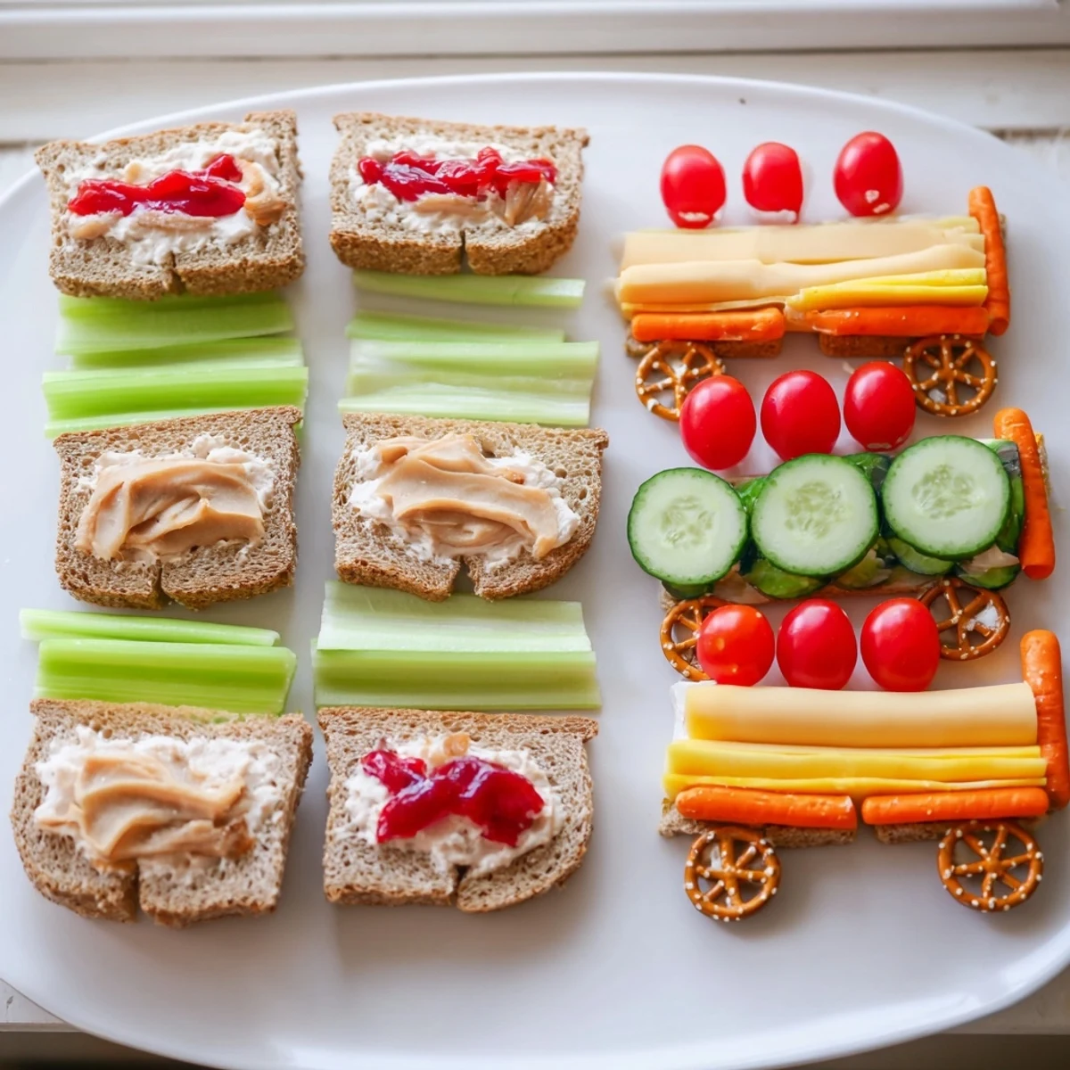 Train track sandwich board on a platter with veggie "wheels" and colorful fillings.