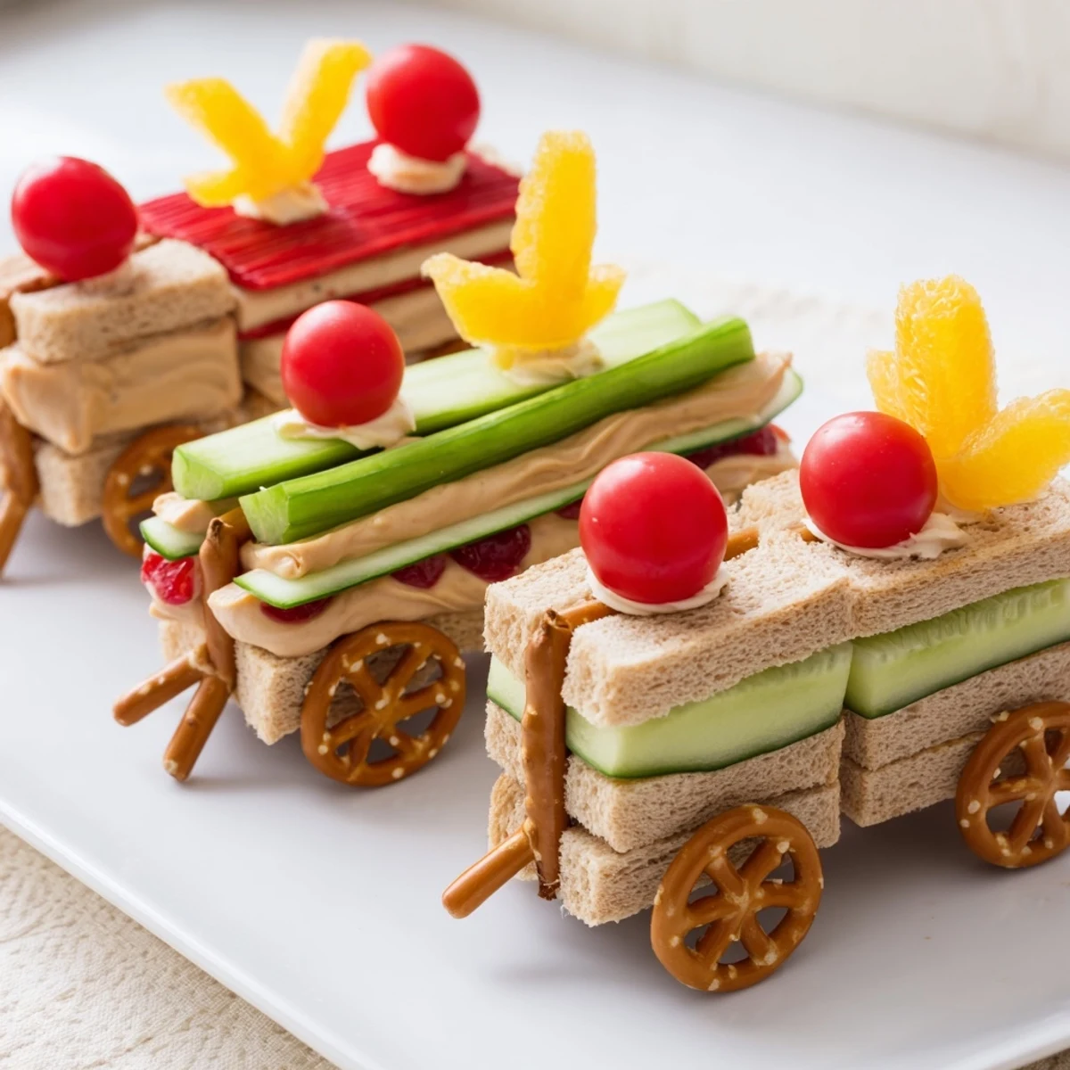 Vibrant train track sandwich board, an imaginative lunch with celery tracks and pretzel ties.