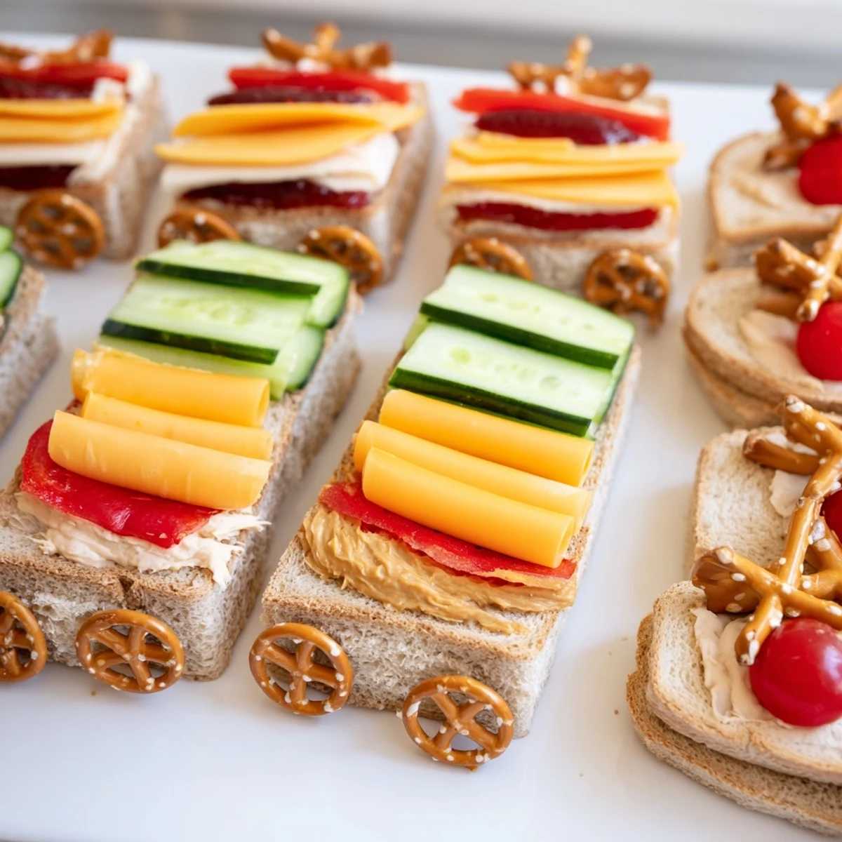 A child-friendly train track sandwich board with cheese, peanut butter, and fruit "cargo" ready to enjoy.