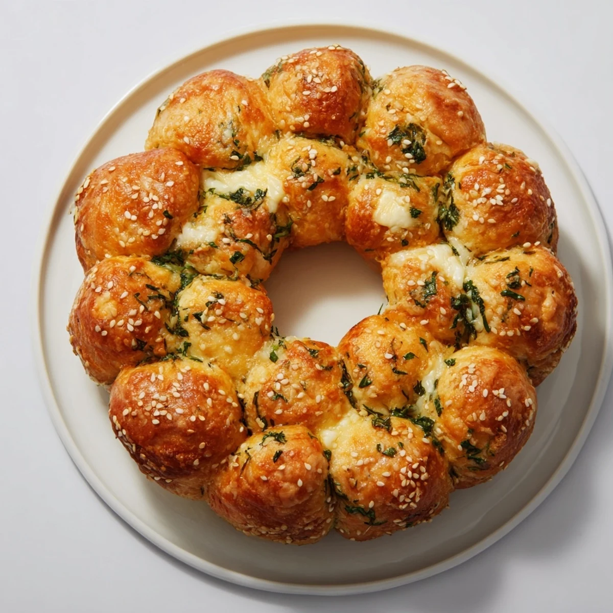 Golden brown festive pull-apart bread wreath, studded with herbs, ready for a holiday table.