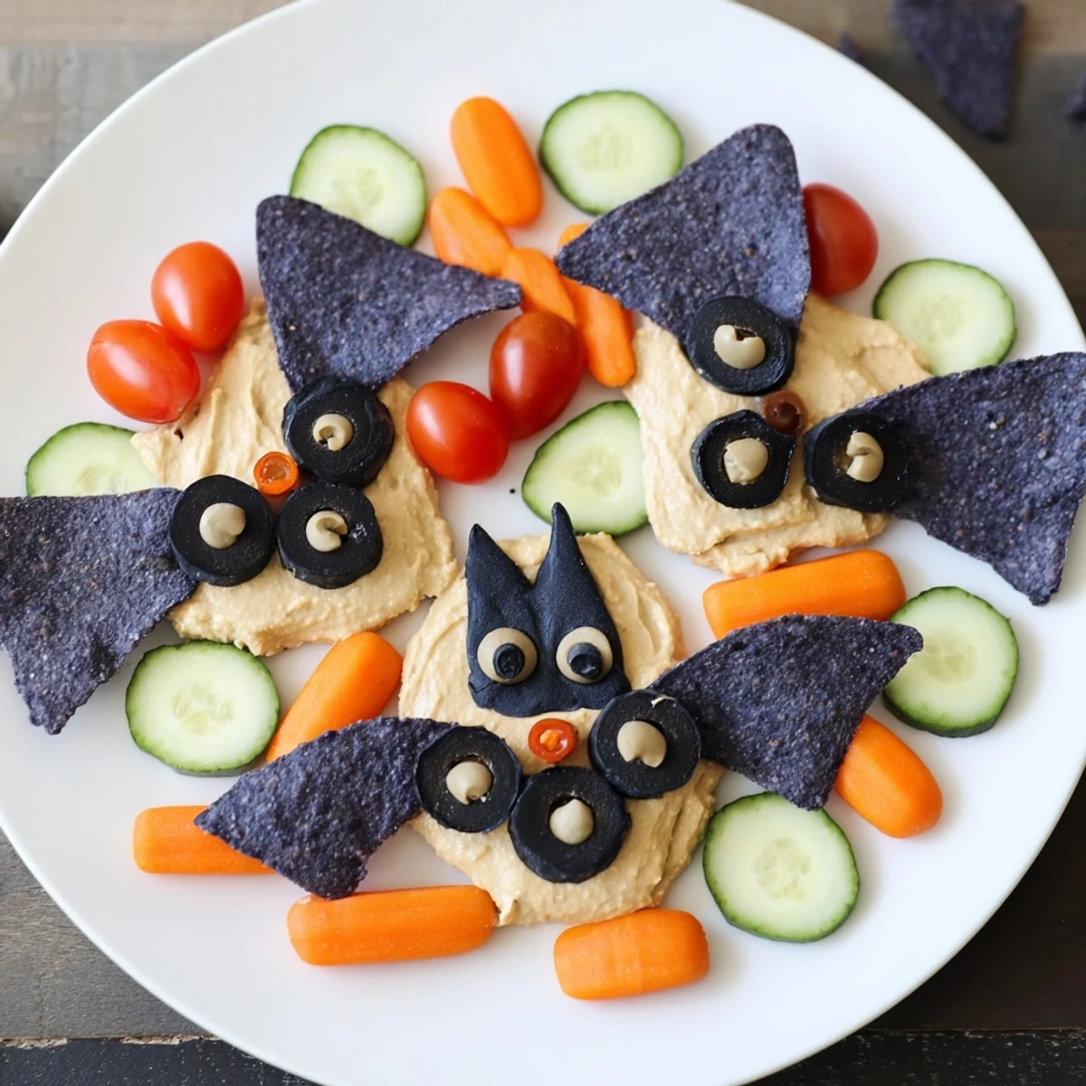 Spooky Bat Bean Dip Platter with creamy black dip, black olive eyes, and veggie dippers.