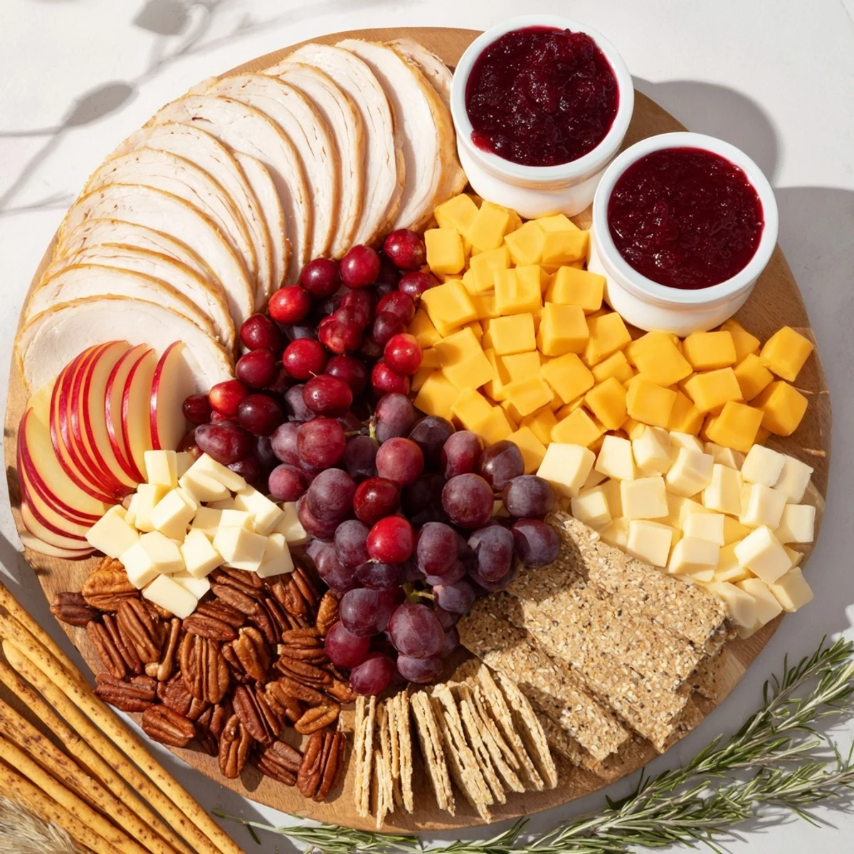 Turkey Cheese and Cracker Board with vibrant colors and fresh rosemary garnish ready to serve.