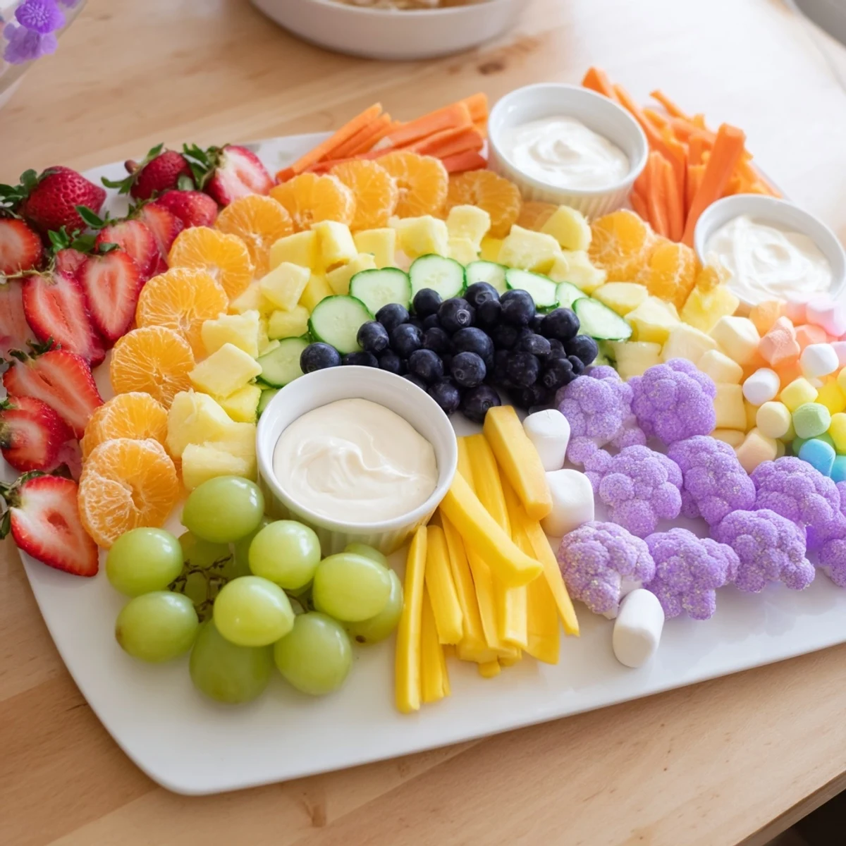 Vibrant Magical Unicorn Rainbow Snack Board displaying colorful fruits, veggies, and dips ready to enjoy.