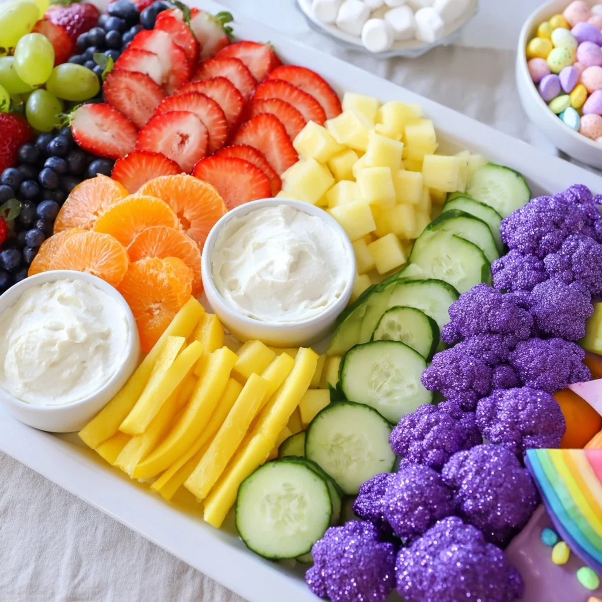 Visually stunning Magical Unicorn Rainbow Snack Board with fresh fruits and vegetables perfect for kids.