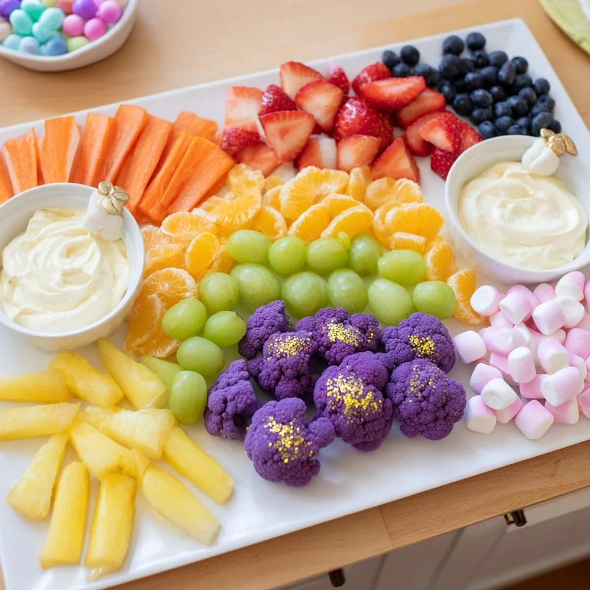 A festive party platter with a Magical Unicorn Rainbow Snack Board, perfect for snack time excitement.