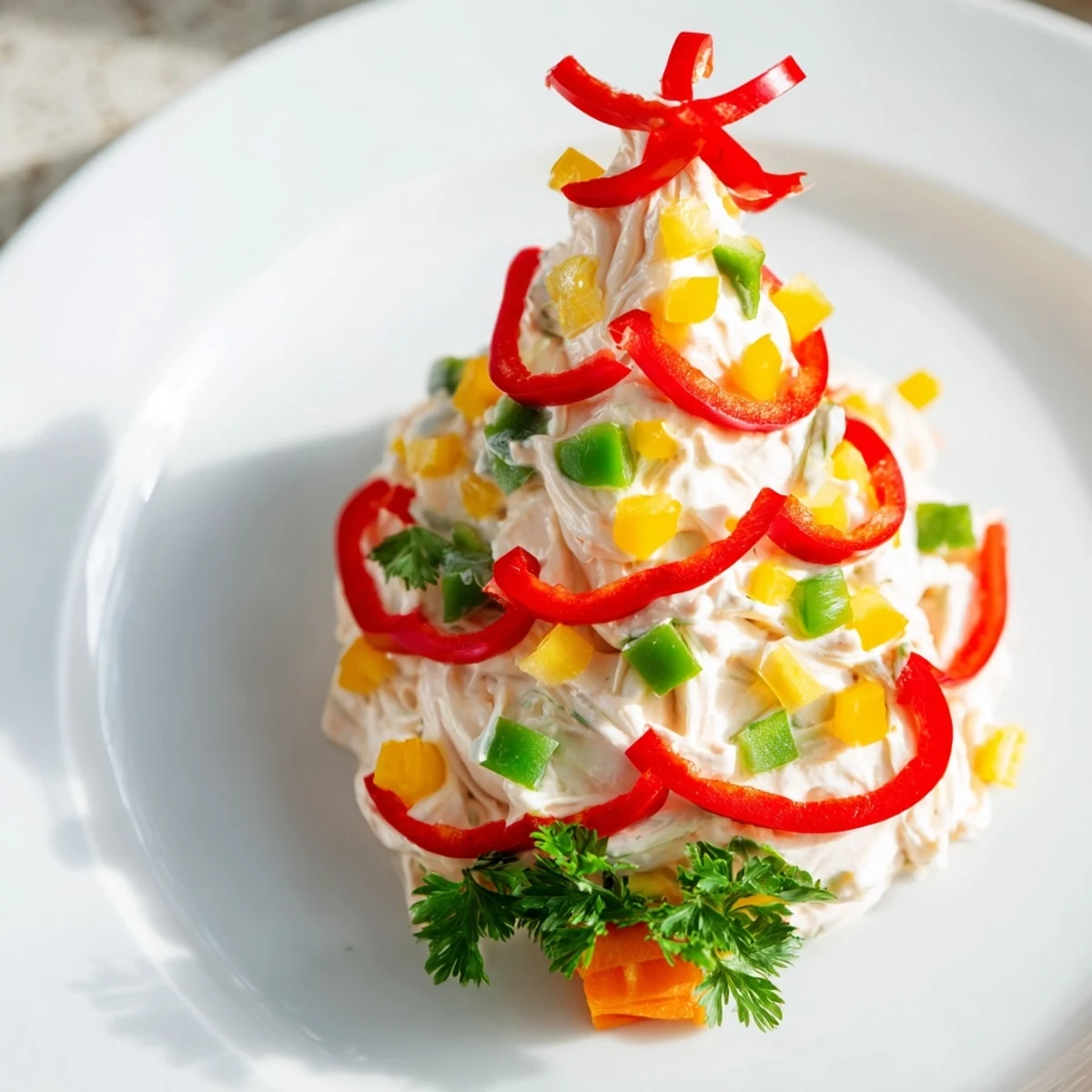 Festive Chili Pepper Christmas Tree Dip: a colorful appetizer with spicy chili pepper rings and fresh garnishes.