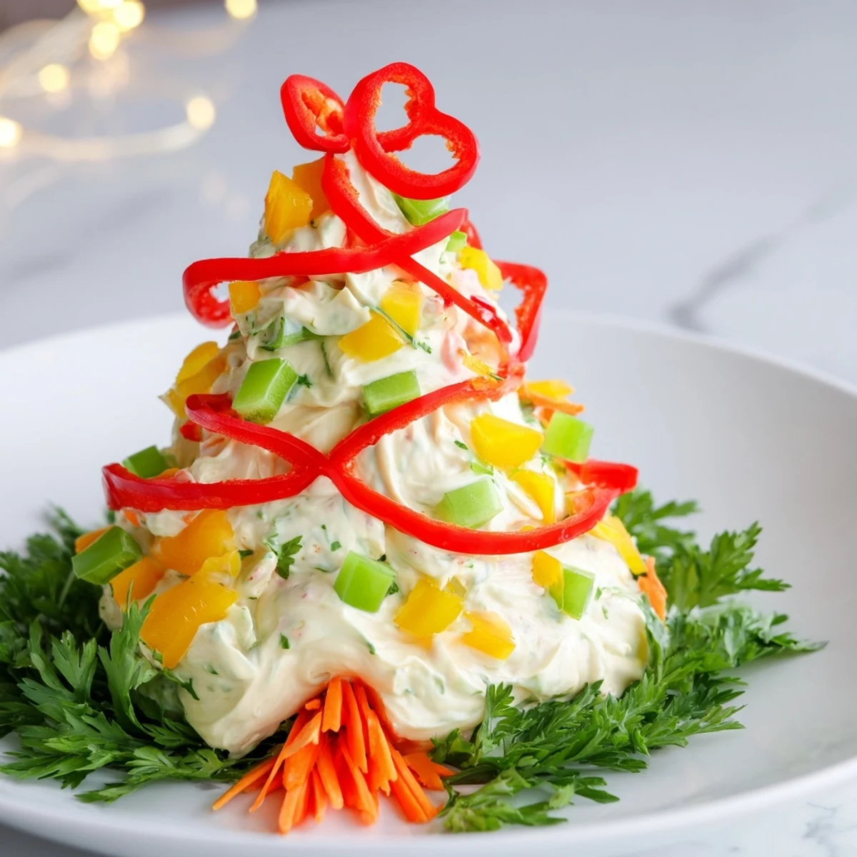 Creamy Chili Pepper Christmas Tree Dip, perfect for holiday parties, served with crackers and fresh vegetable sticks.