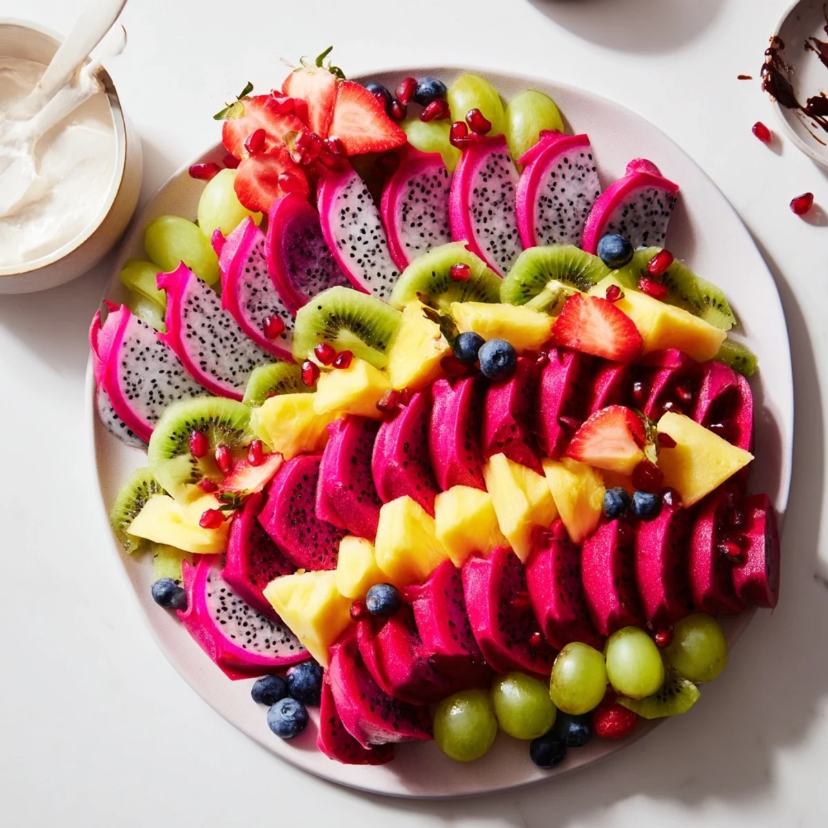 Vibrant Dragon Scales Fruit and Dip Board with colorful fruits and creamy yogurt dips, perfect for sharing.