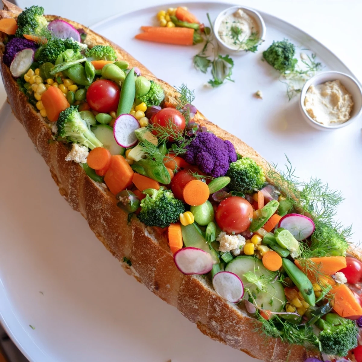 Bright red tomatoes and crisp carrots overflow a bread horn in a cornucopia veggie board.