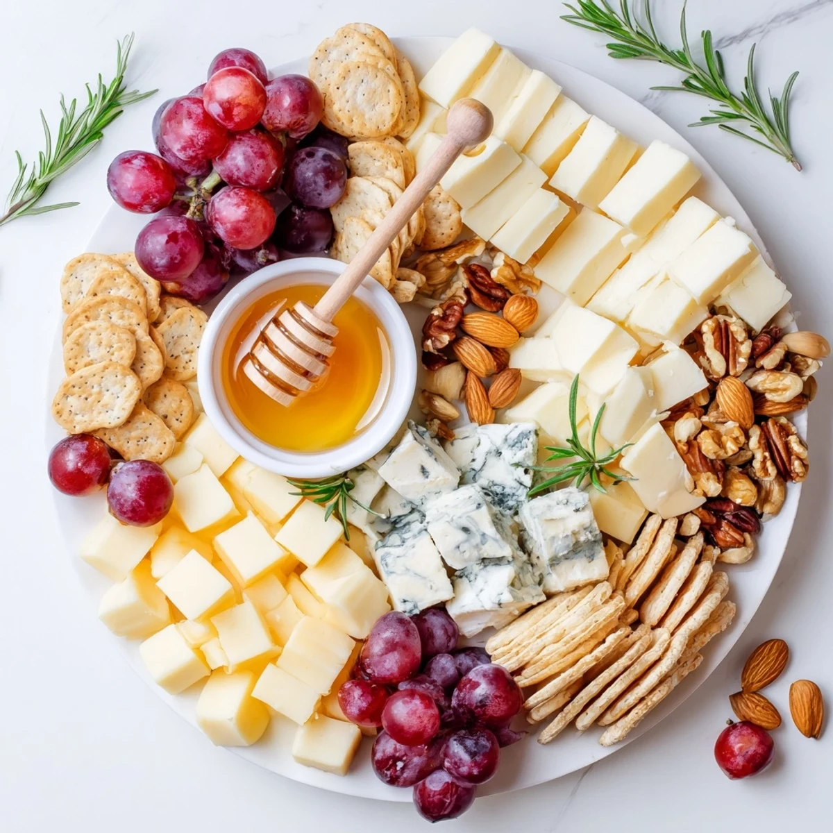 A festive Cranberry Grape Man Cheese Board displays delicious cheeses, grapes, and crackers, ready to enjoy.
