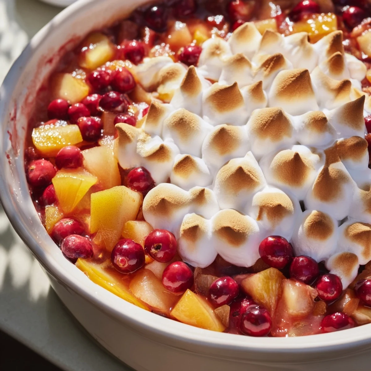 Fragrant Cranberry and Pear Snowscape, a warm dessert with a snowy meringue topping, ready to enjoy.