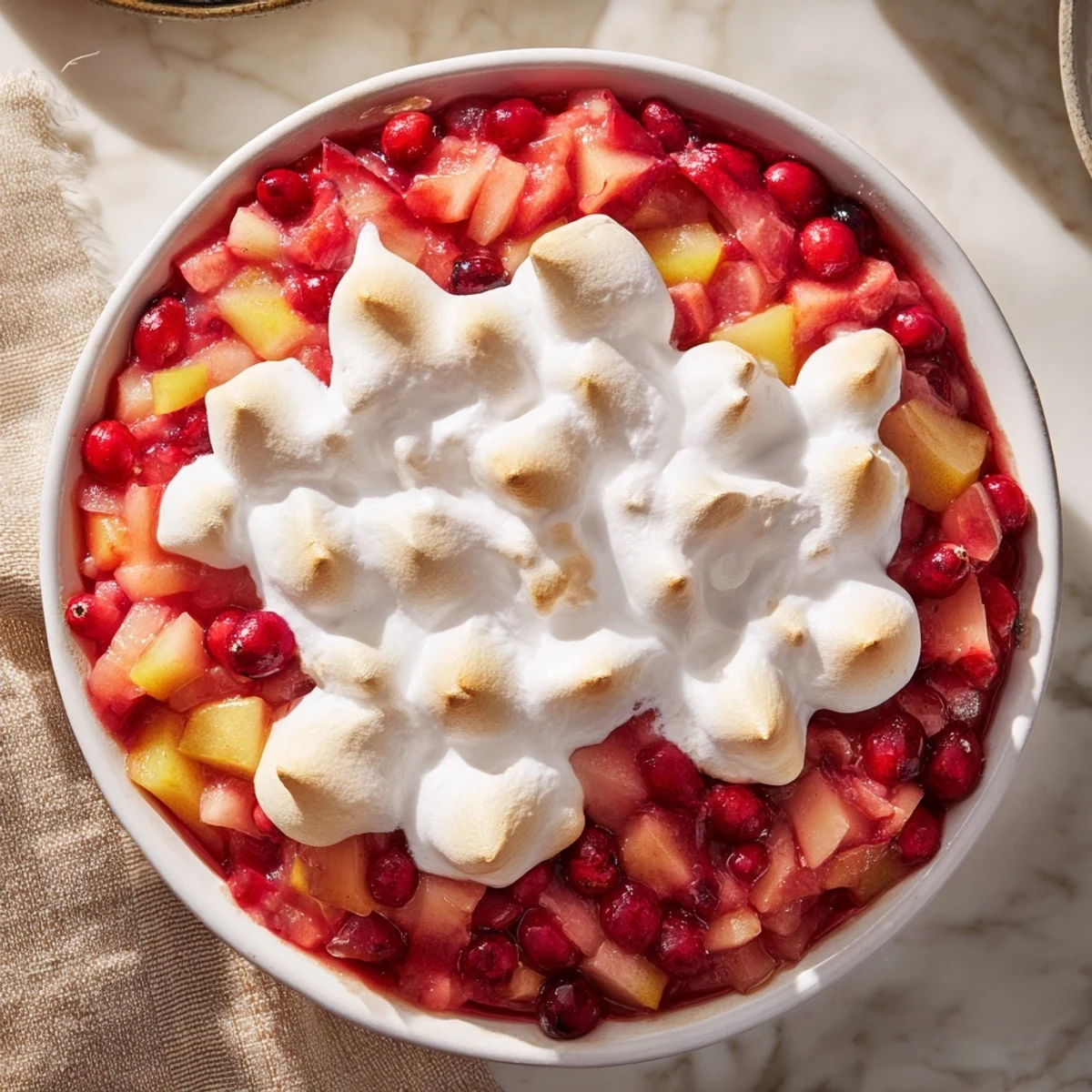 Bright red cranberries and sweet pears star in this beautiful Cranberry and Pear Snowscape dessert.