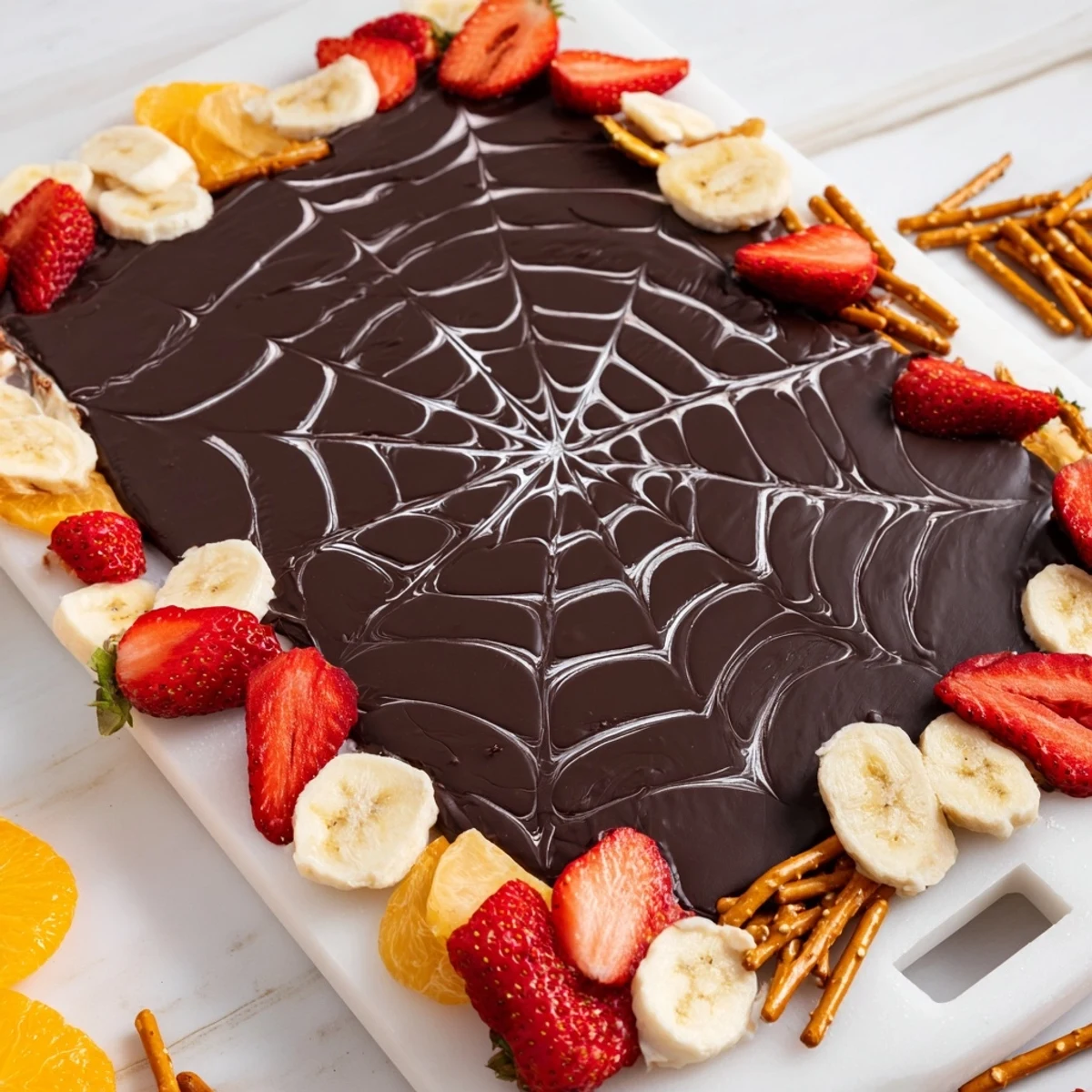 Decadent Spiderweb Chocolate Ganache Board served with fresh fruit and dippable cookies for a Halloween gathering.