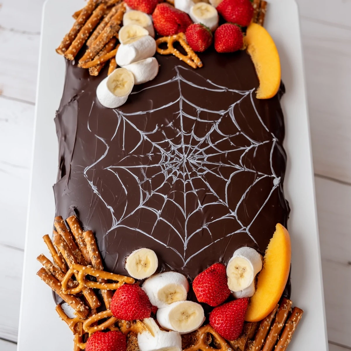 Melted white chocolate spiderwebs decorate the glossy dark chocolate ganache board, a festive dessert.