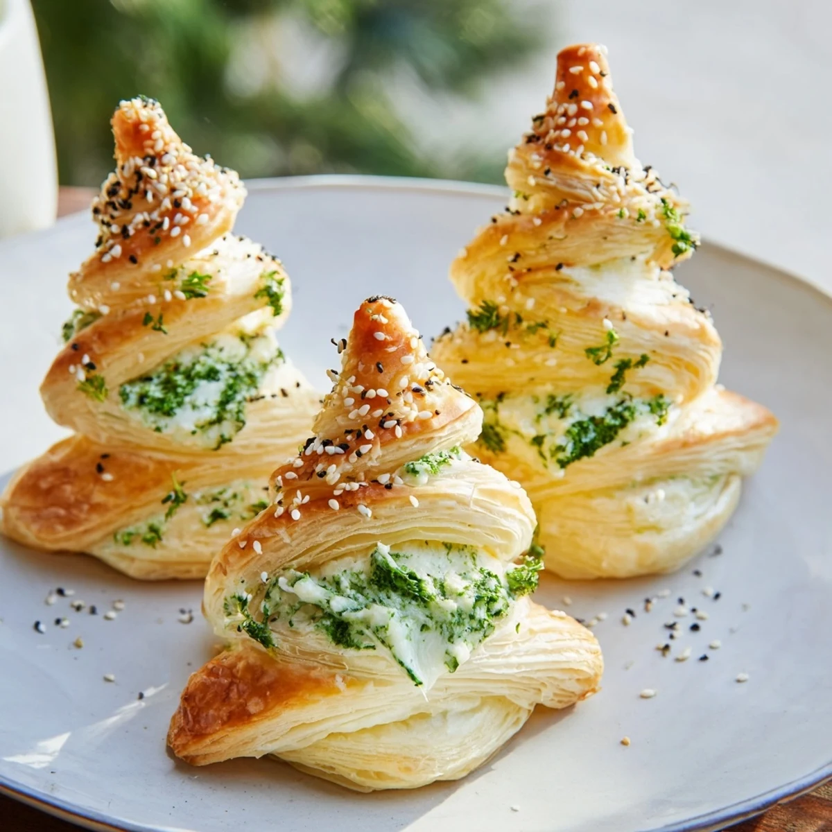 Golden, flaky Puff Pastry Christmas Tree appetizer, a savory delight for holiday celebrations with pesto.