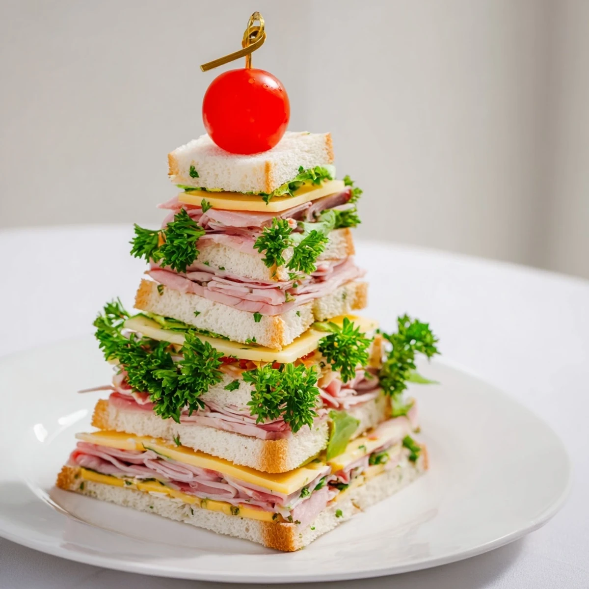 Beautifully arranged Ham and Cheese Mini Sandwiches, Christmas Tree Towers, perfect for a holiday appetizer platter.