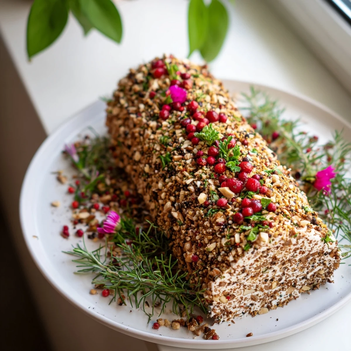 Festive Yuletide Log Cheese Centerpiece adorned with fresh herbs and a bark-like texture sets the scene.