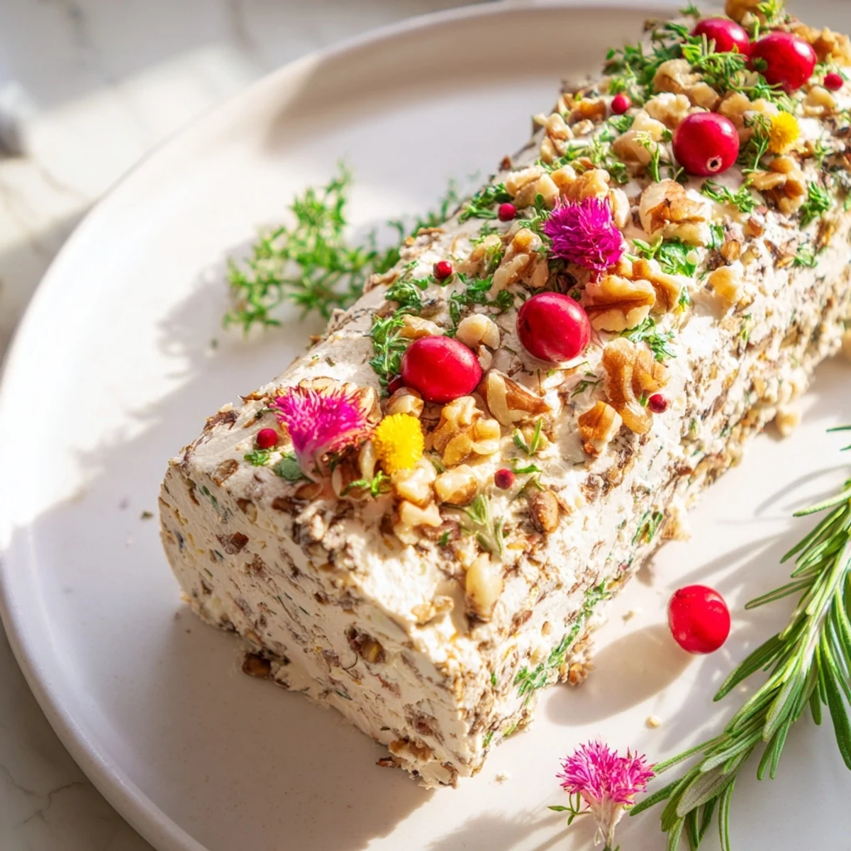 A creamy Yuletide Log Cheese Centerpiece, ready to eat alongside crackers and veggies, perfect for holiday gatherings.