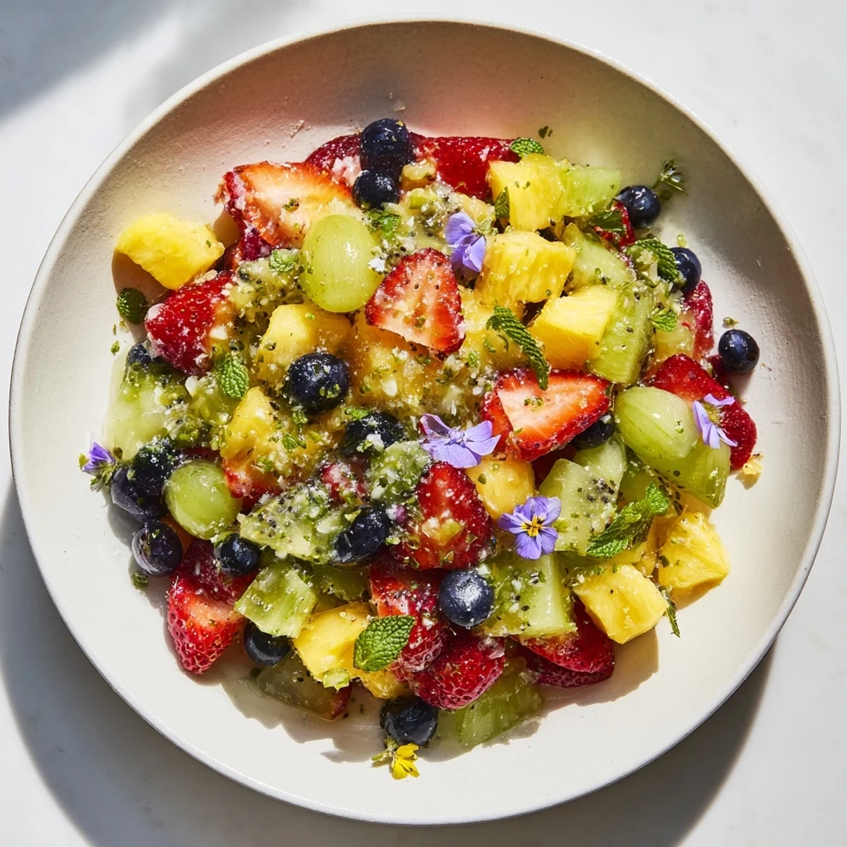 Festive Bow Fruit Medley, a sweet, colorful summer fruit salad, ready to be enjoyed chilled.