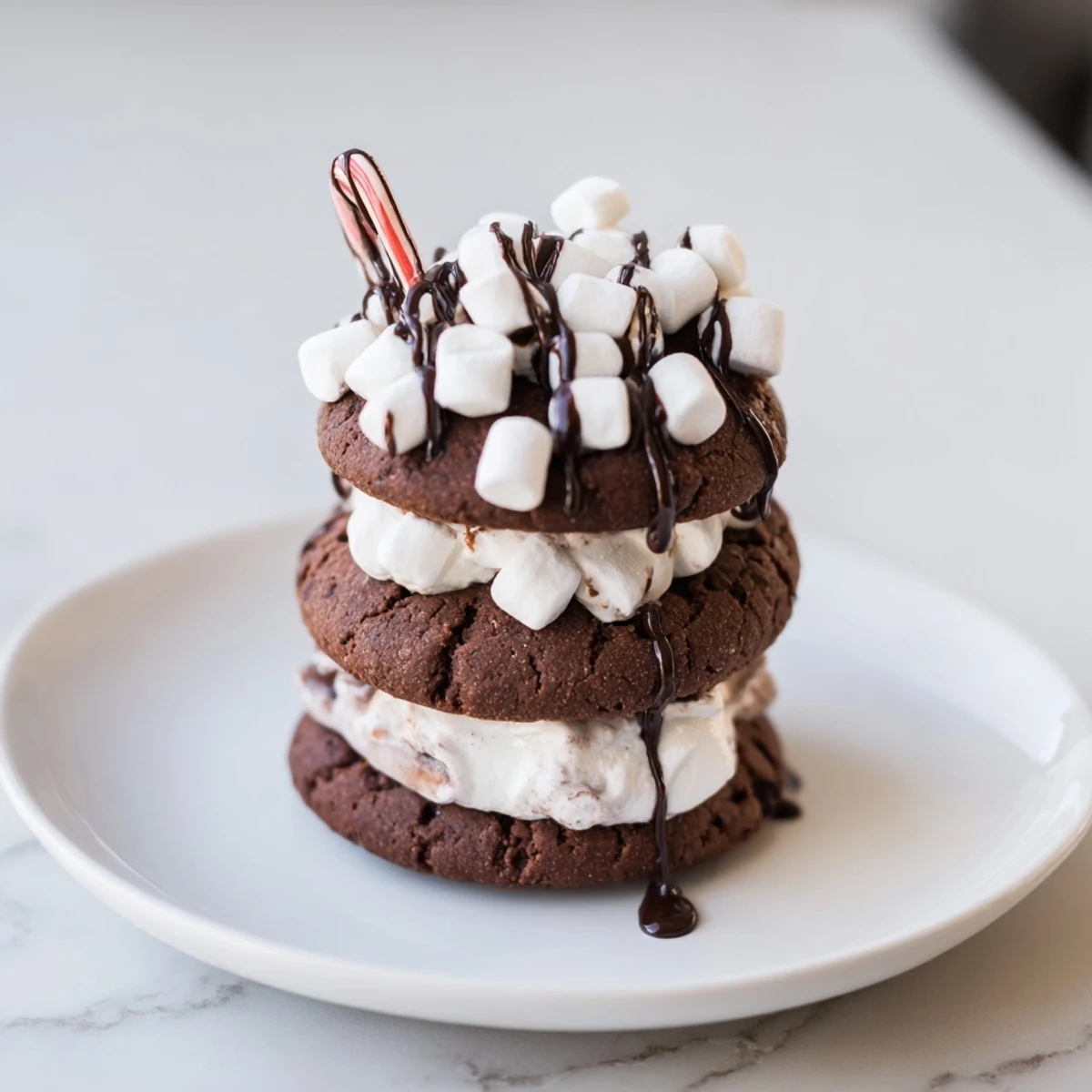Warm, inviting photo of Hot Cocoa Mug Cookie Stack, drizzled with rich chocolate and mini marshmallows.