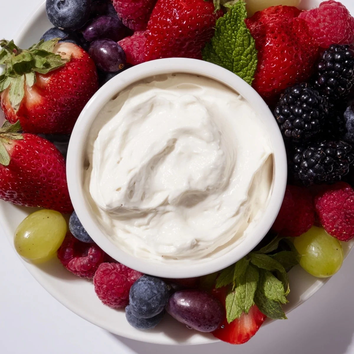 A beautiful Mistletoe Kiss Berry Dip Board arrangement showing colorful fruits surrounding a bowl of creamy, sweet dip.