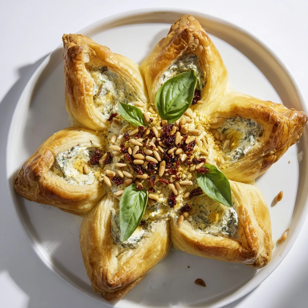 Festive poinsettia puff pastry appetizer filled with creamy cheese and sun-dried tomatoes, ready to enjoy.