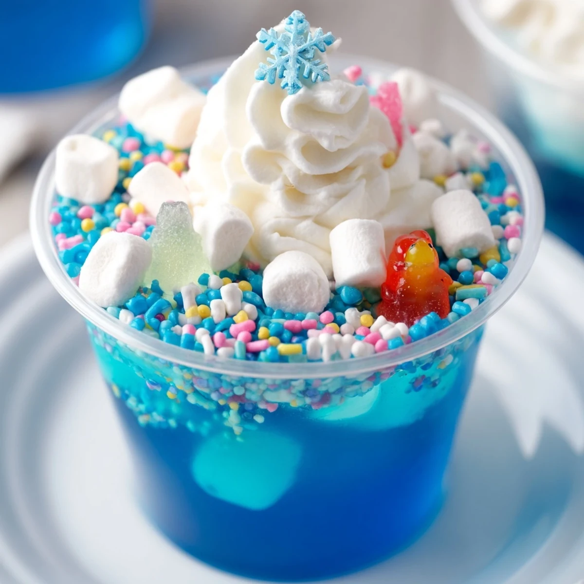 Vibrant snow globe Jello cups with blue gelatin, marshmallow snow, and holiday sprinkles look delicious.