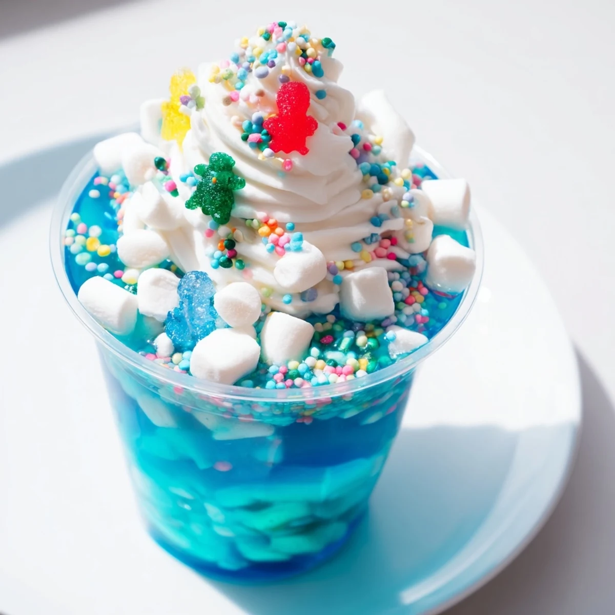 These charming snow globe Jello cups showcase colorful layers of gelatin, perfect for a festive winter dessert.