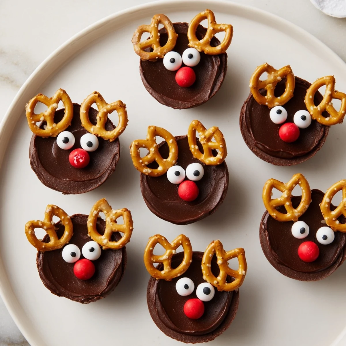Chocolate Reindeer Pudding Cups arranged on a festive board, a sweet, easy holiday dessert, ready to enjoy.