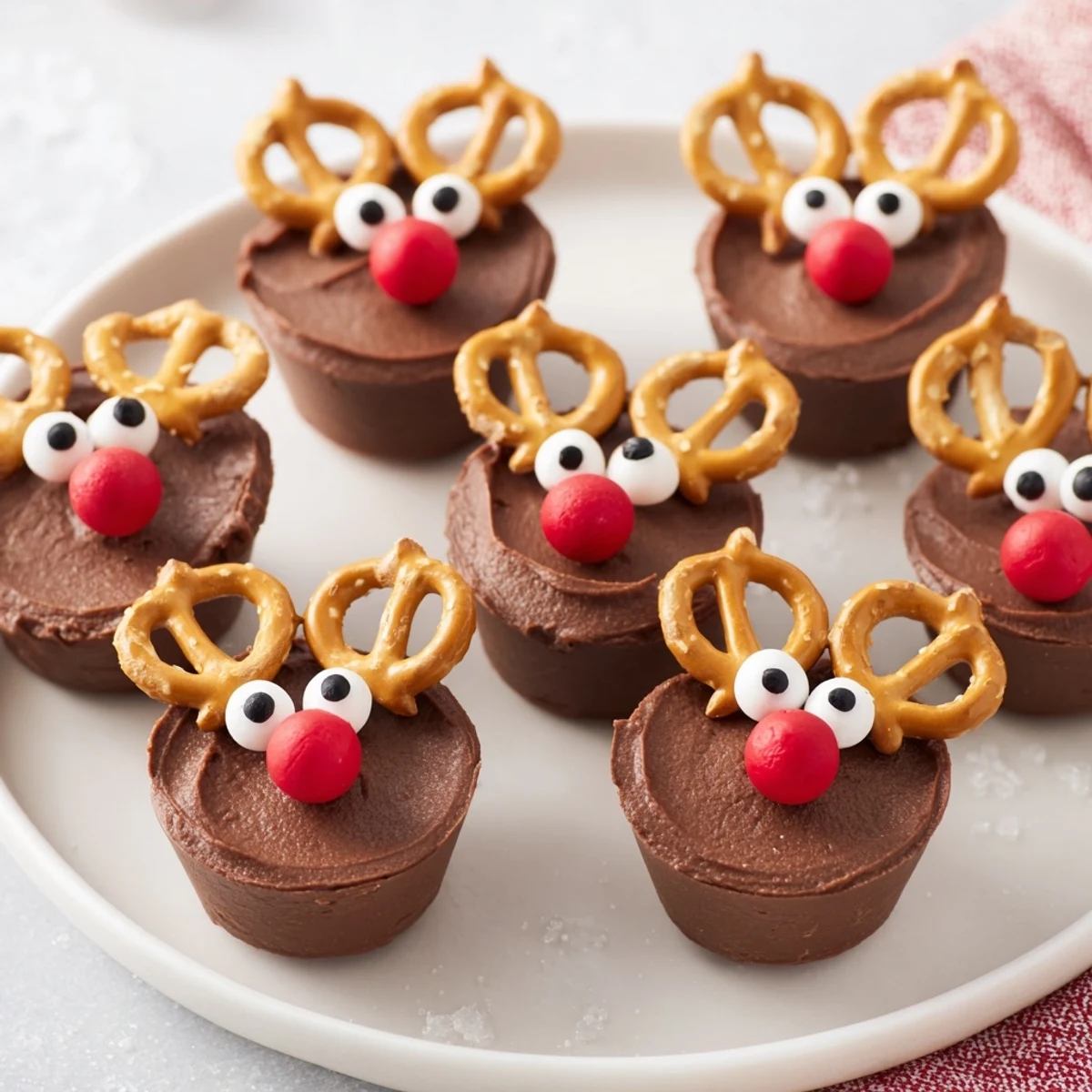 Adorable chocolate pudding cups transformed into reindeer, surrounded by sweets, perfect for any holiday party.