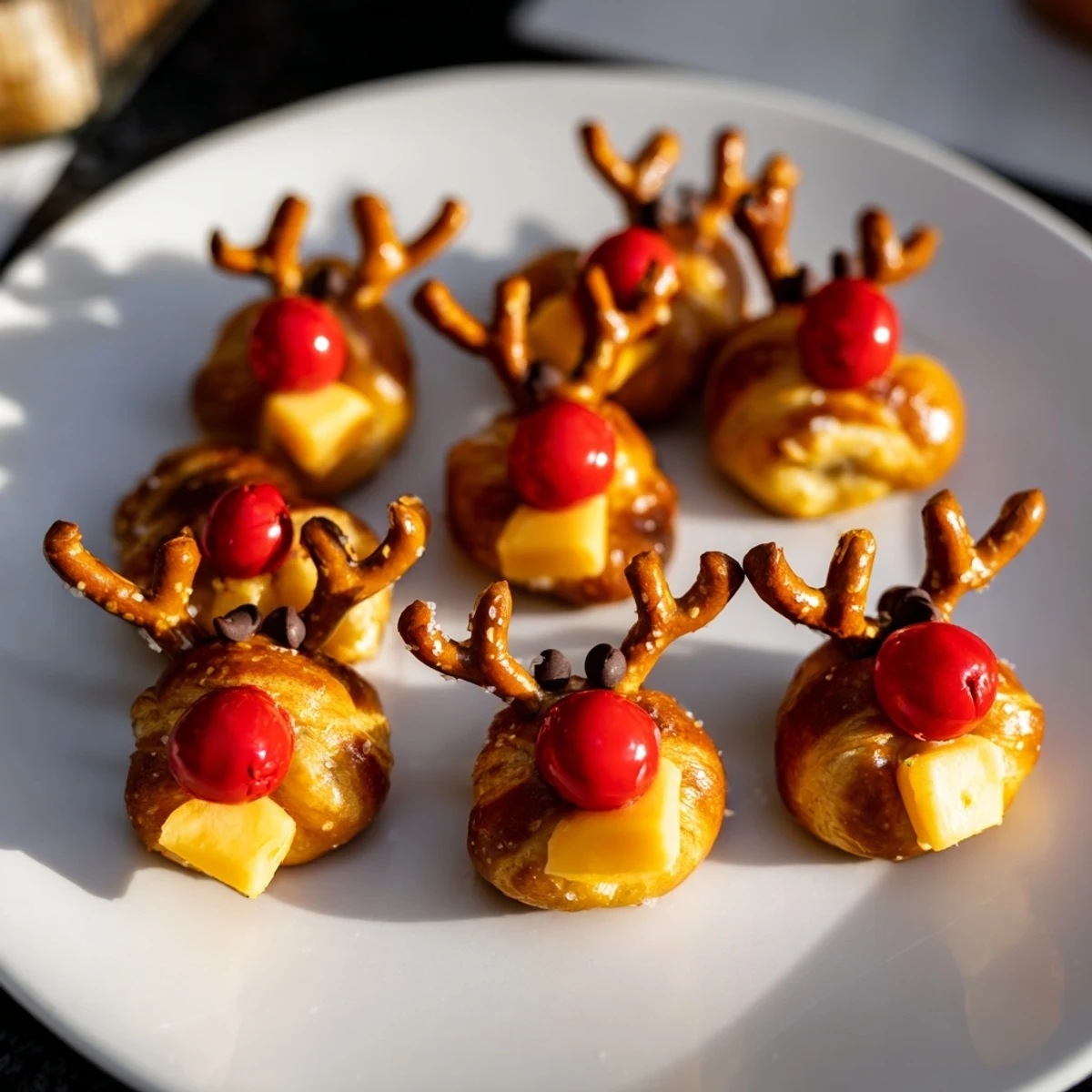Rudolf's Red Nose Pretzel Bites with a bright red candy nose, perfect for a cozy holiday snack.
