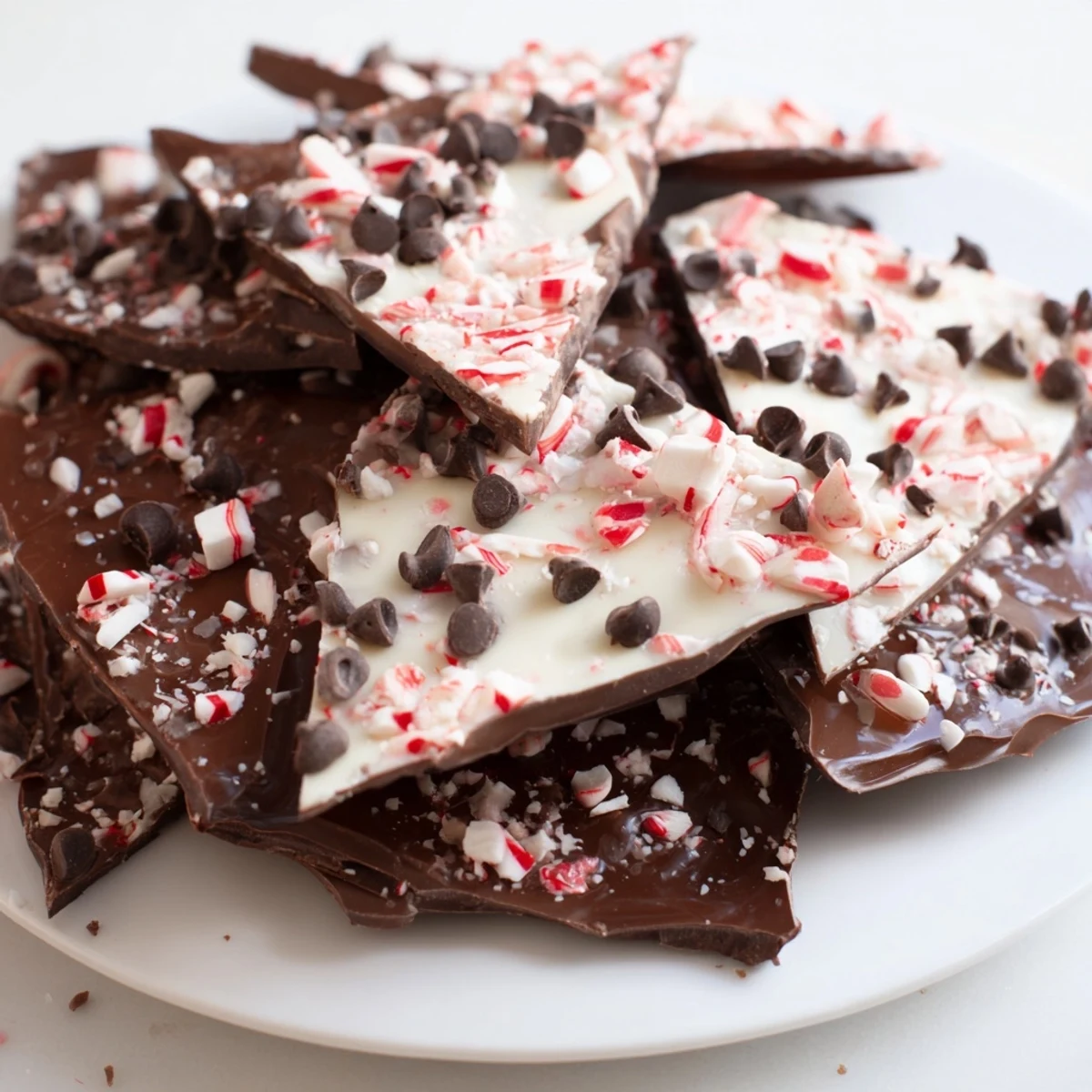 Close-up of freshly broken Peppermint Bark, showcasing layers of dark and white chocolate.