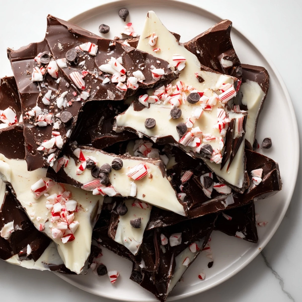 Perfectly chilled Peppermint Bark recipe, studded with crushed peppermint candy, ready to serve.