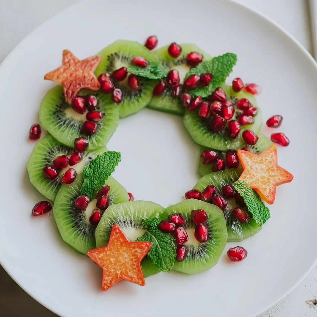 Kiwi and pomegranate Christmas wreath showcases vibrant green kiwi slices adorned with ruby pomegranate seeds, ready to enjoy.