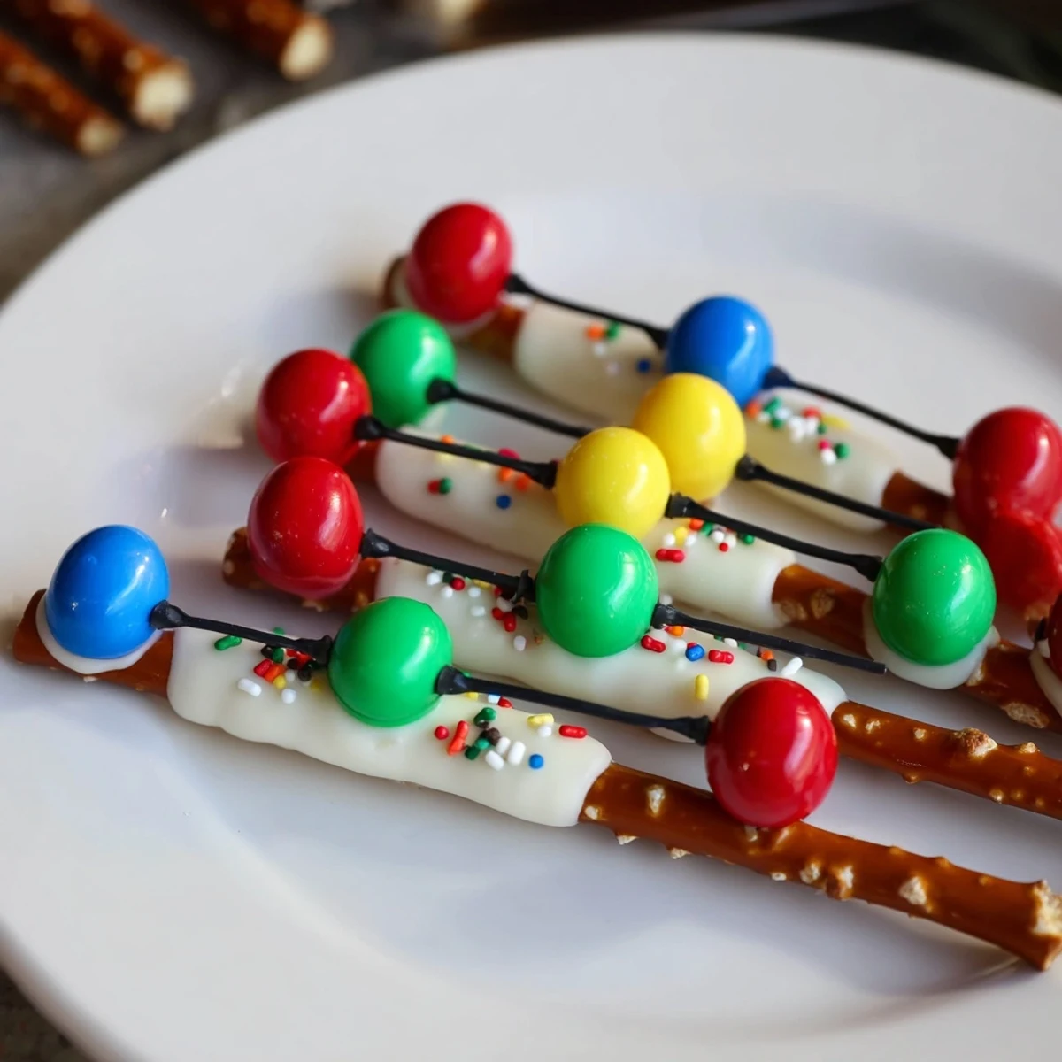 Festive pretzel sticks and dip Christmas lights: colorful candy melts make this no-bake snack fun.
