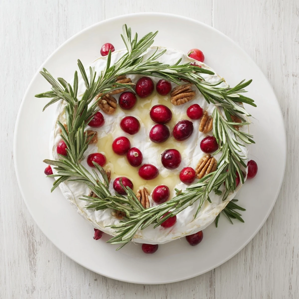 Creamy Brie Cheese Wheel with fragrant rosemary wreath, ready to serve with crackers and honey.