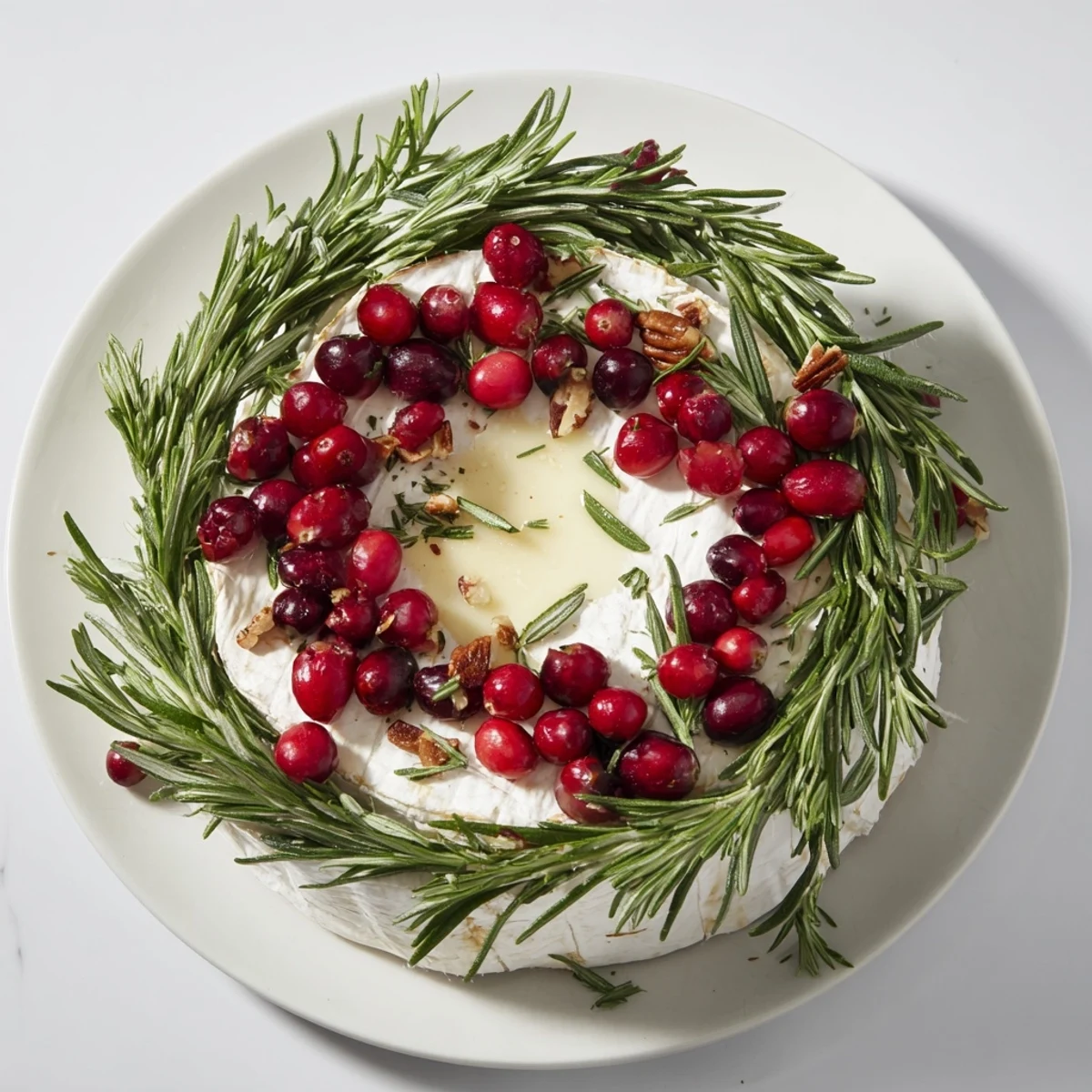 Enjoy the smooth, melty goodness of a Brie Cheese Wheel, exquisitely garnished for a holiday-ready platter.