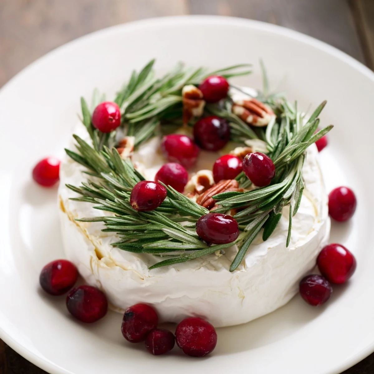 A decorated Brie Cheese Wheel, featuring fresh rosemary sprigs and festive cranberries for a vibrant appetizer.