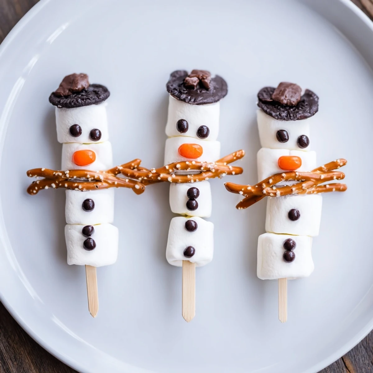 Marshmallow snowman stick arrangement, a cheerful treat with pretzel arms and chocolate faces ready to enjoy.