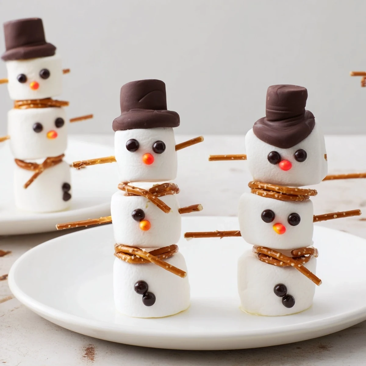 Whimsical Marshmallow Snowman stick treats, featuring sweet marshmallow snowmen and colorful gummy scarves.